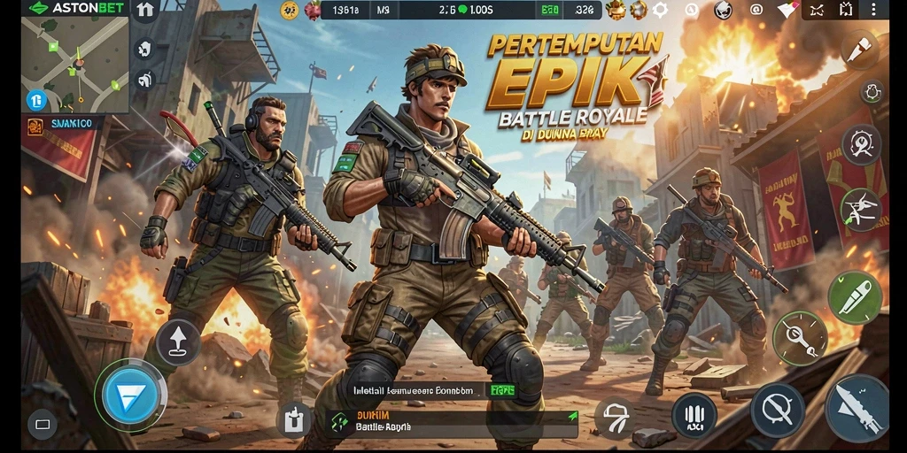 Screenshot gameplay <strong>ASTONBET</strong> menunjukkan pertempuran seru dan strategi dalam Battle Royale.