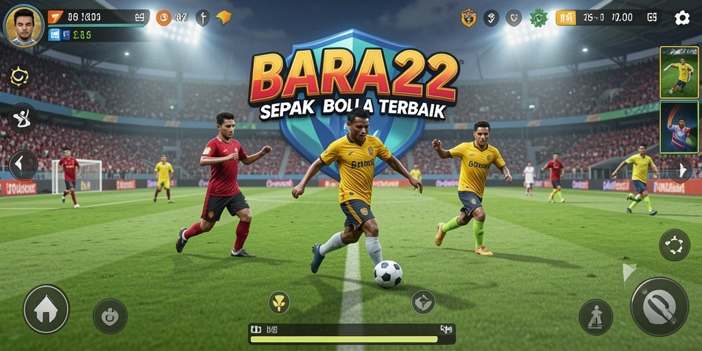 Tangkapan layar gameplay BARA22 yang menampilkan aksi sepak bola yang intens.