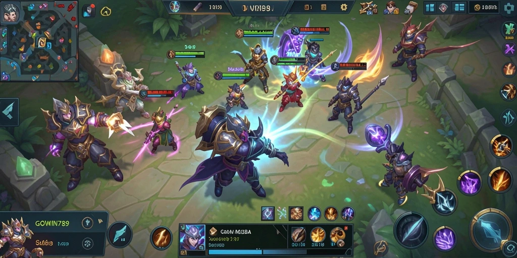 Tampilan seru dari gameplay GOWIN789 yang menunjukkan pertempuran antar hero.
