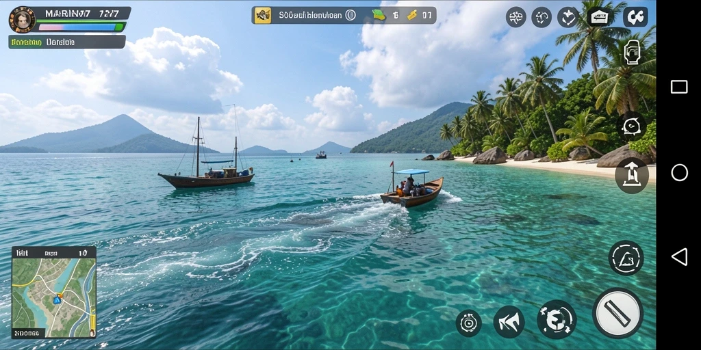 Screenshot utama MARINA77 menampilkan eksplorasi bawah laut yang menakjubkan dan karakter unik.