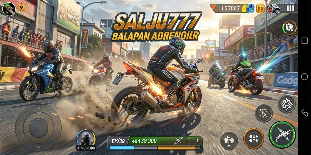 Screenshot gameplay SALJU777 menampilkan aksi balapan motor yang intens.